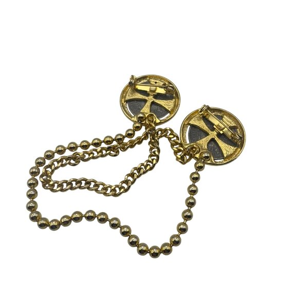 Gold Tone Chain Double Coin Design Sweater Clip Cloak Clasp Retro Accessory - Picture 5 of 6